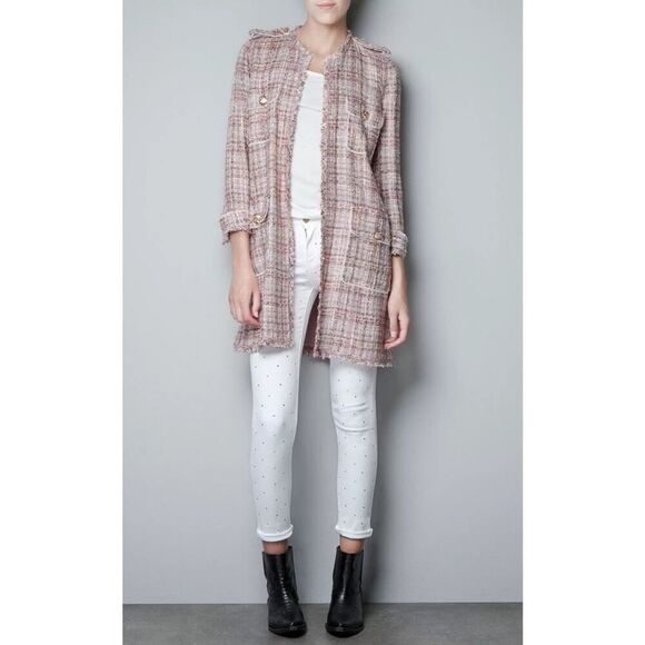 A374 ZARA WOMAN FANTASY TWEED PINK LONG GOLD BUTTONS COAT BLAZER JACKET Large - Picture 3 of 15